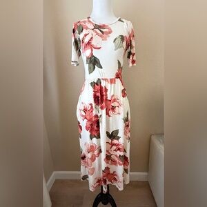 Promesa Cream and Red Floral Midi Dress